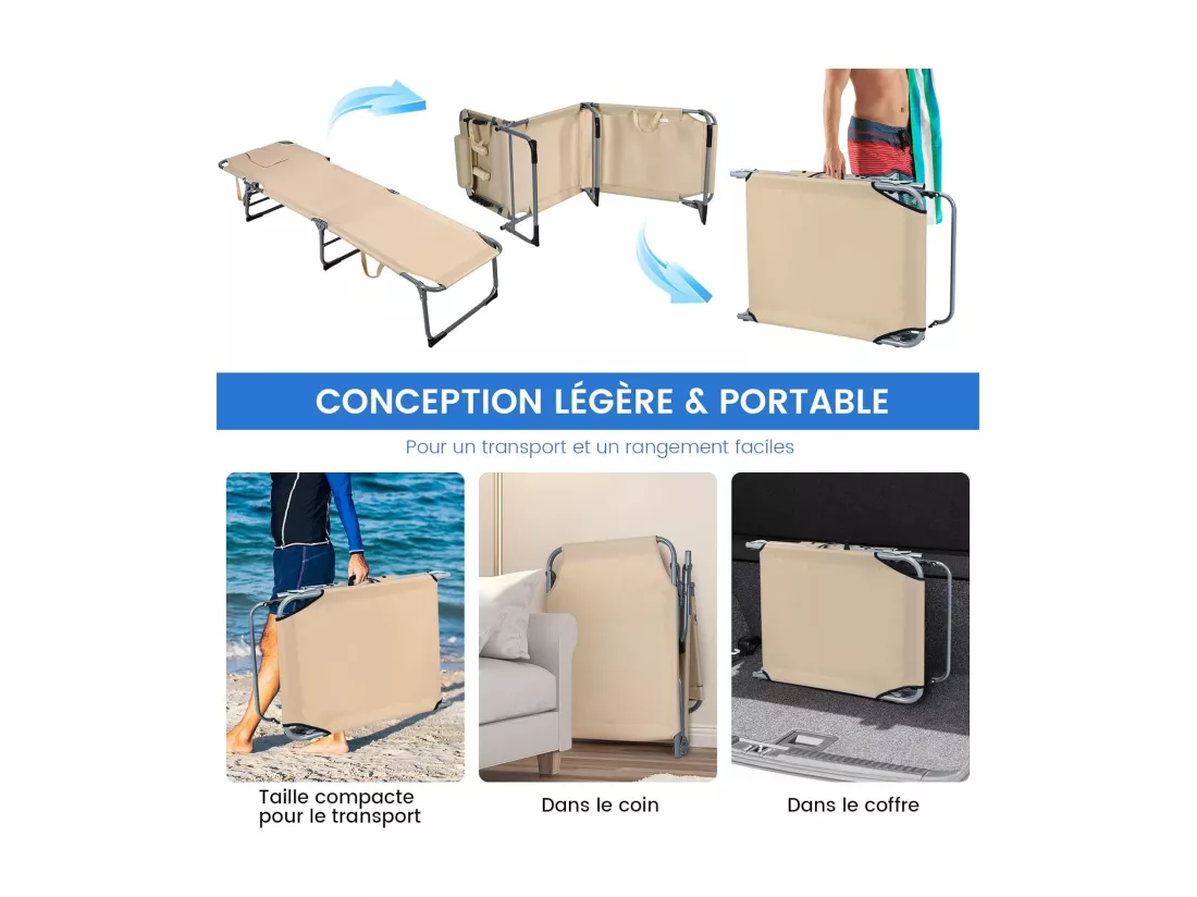 Chaise Longue Pliante Réglable à 5 Positions avec Appuie-tête Cavité Faciale, Bain de Soleil en Tissu et velours Oxford Charge 150KG, pour Piscine Plage Cour CamBoisg, Beige