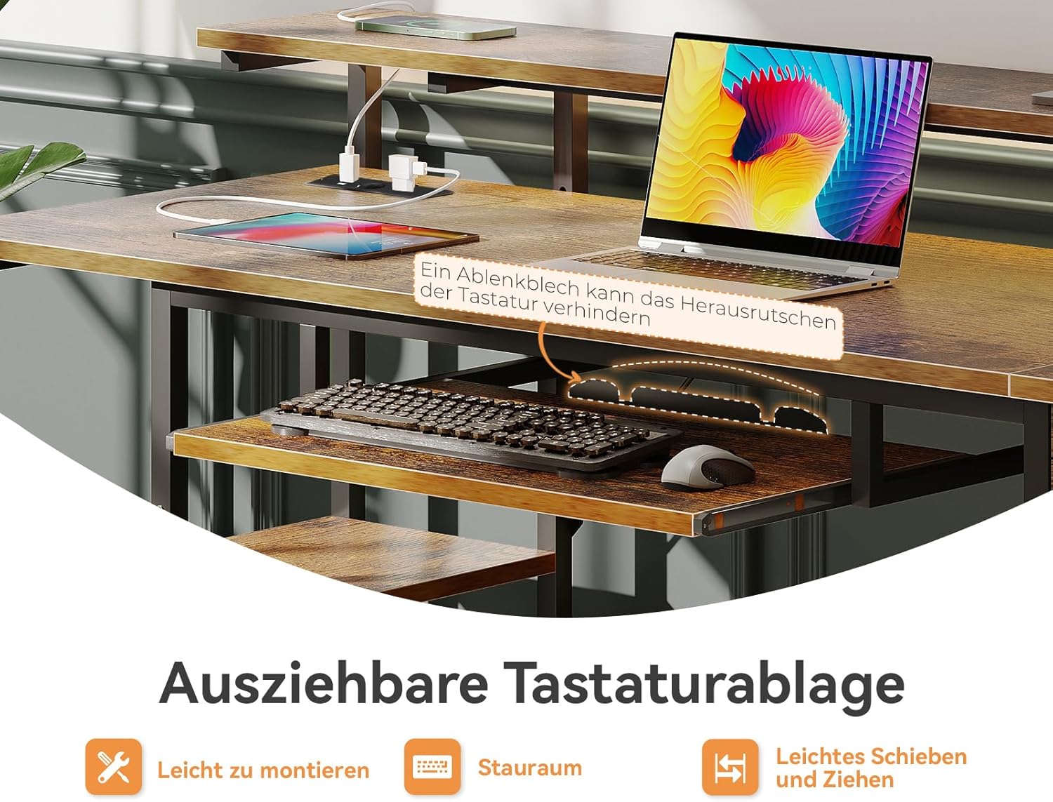 ODK Schreibtisch mit 4 Schubladen, Computertisch mit 2 Steckdosen und 2 USB Ladeanschluss, PC Tisch mit Regal, Gaming Tisch mit Tastaturablage fürs Büro, Wohnzimmer (Braun, 140x52x92cm)