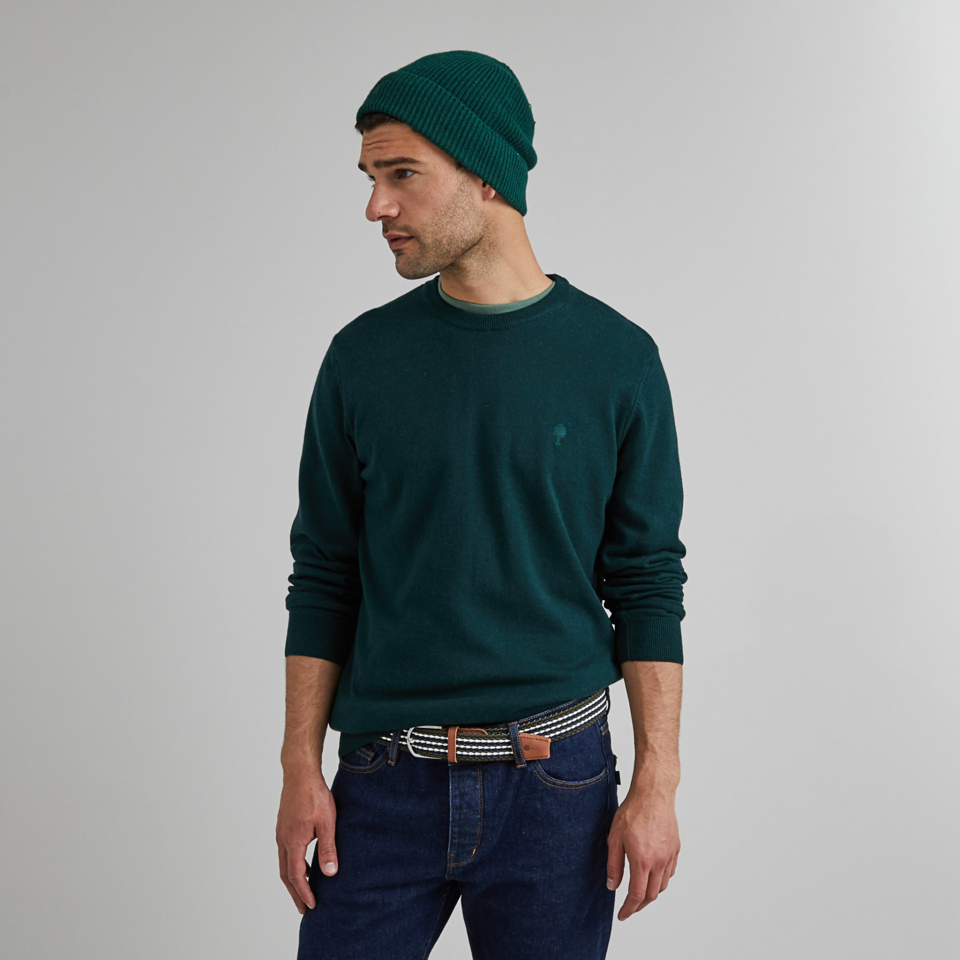 Bonnet vert foncé laine et polyamide recyclé - modèle Beany