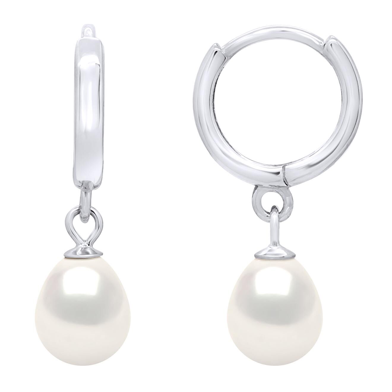 Mitzuko Boucles d'Oreilles Créoles Argent Rhodié & Perles d'Eau Douce poires blanc naturel