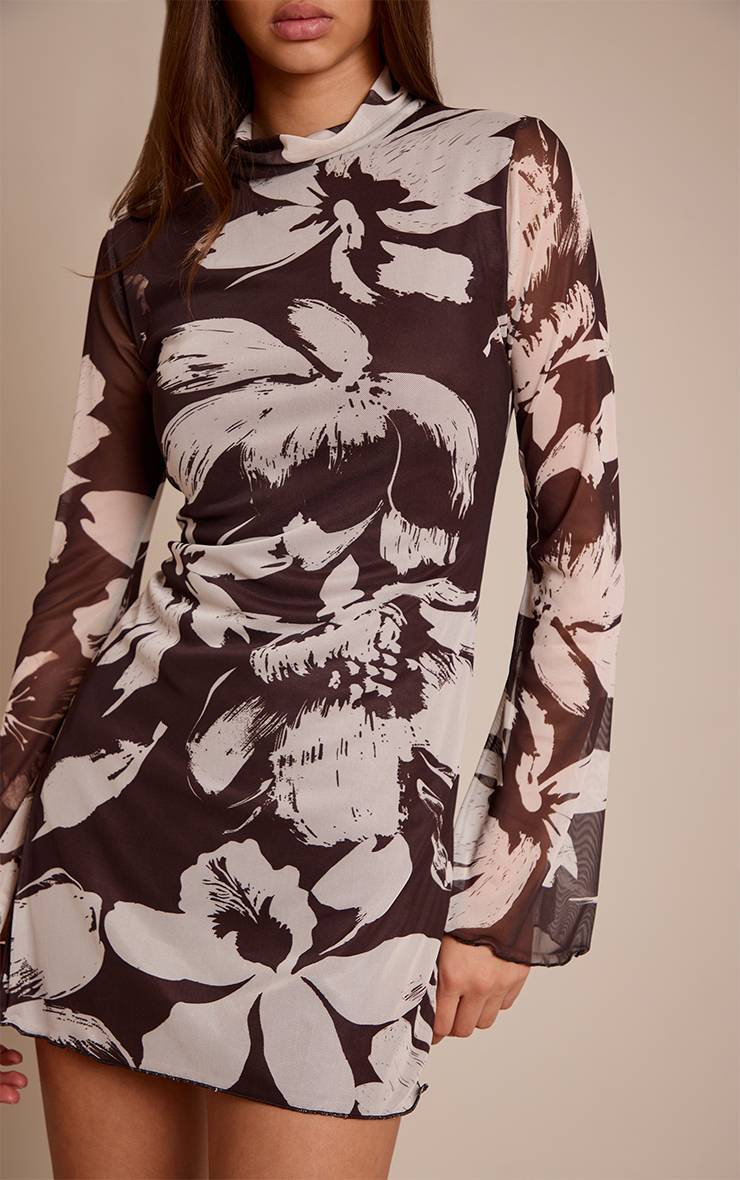 Marron Robe Droite À Col Montant Et Manches Évasées À Imprimé Floral Abstrait