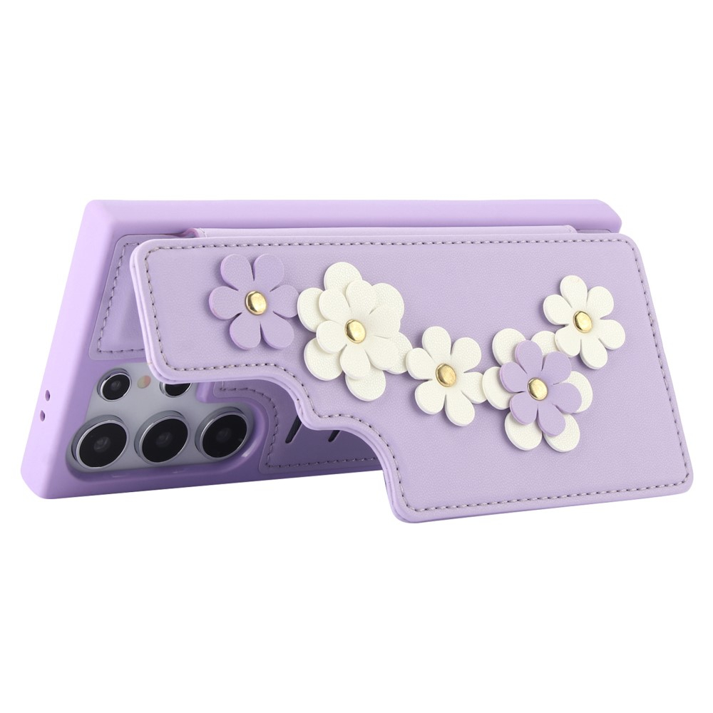 Samsung Galaxy S25 Ultra Necklace Leder Schutz Hülle mit Kartenfächer Blumen   Handykette (140cm) - Lila