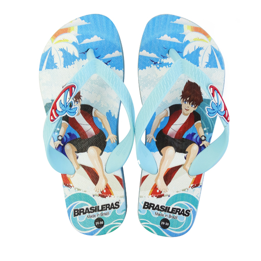 Chinelo de praia brasileiro, estampado com 20 surfistas, fabricado no Brasil.