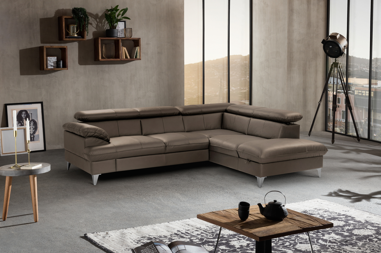 Ecksofa - stone - Leder - Basismodell - Recamiere rechts