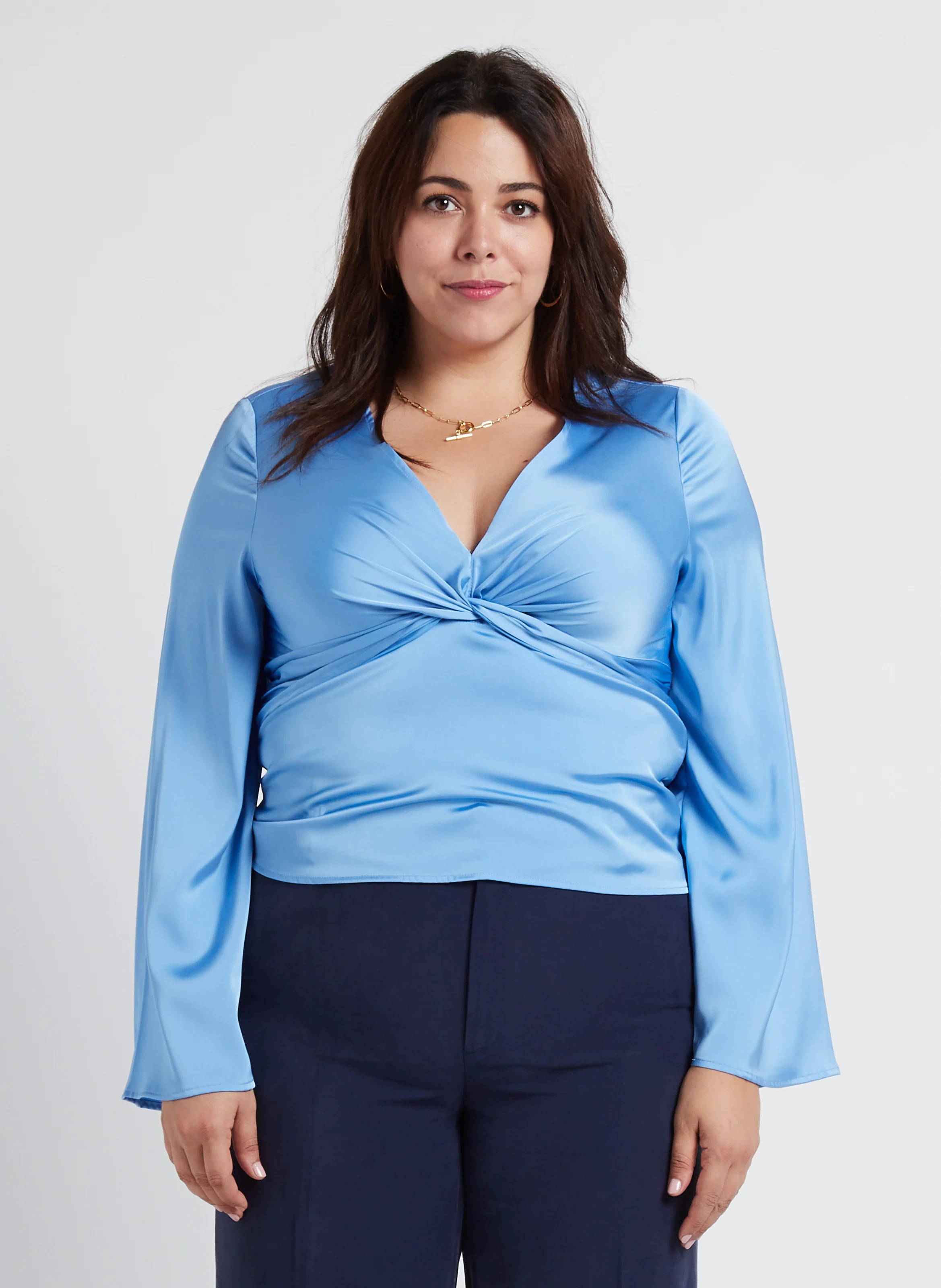 Top fluide col V satiné | Bleu