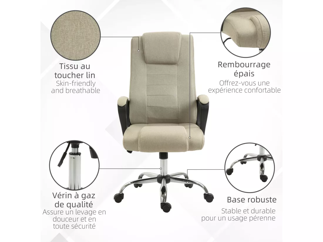 Fauteuil de bureau à roulettes chaise manager ergonomique pivotante hauteur réglable lin beige