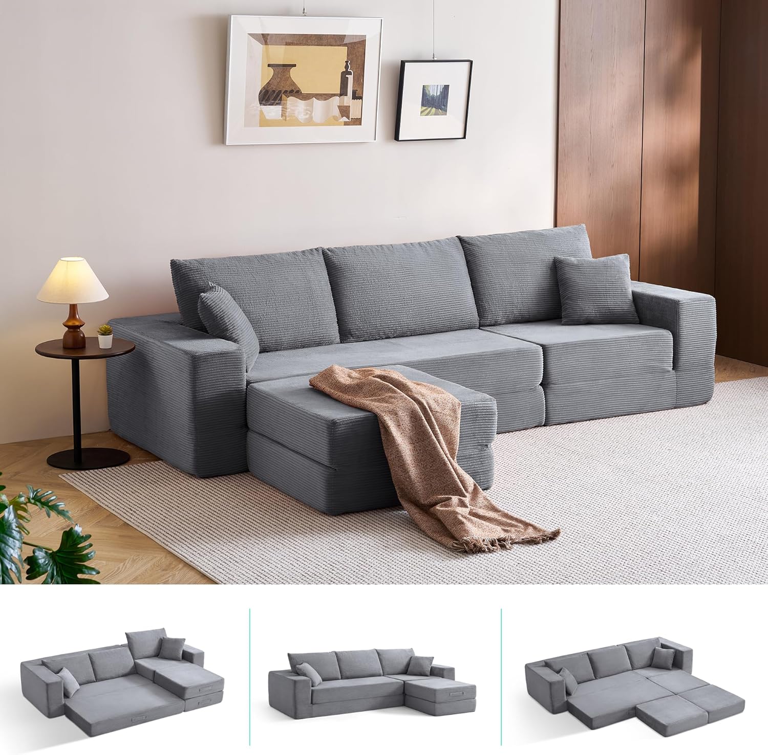 LINSY HOME Ecksofa mit Schlaffunktion - Bodensofa Bed mit Pillow Back Support Armrest - Schlafsofa Klappbar - Compressed Sofa in Box - Cord Stoff für Wohnzimmer Schlafzimme (Grau)