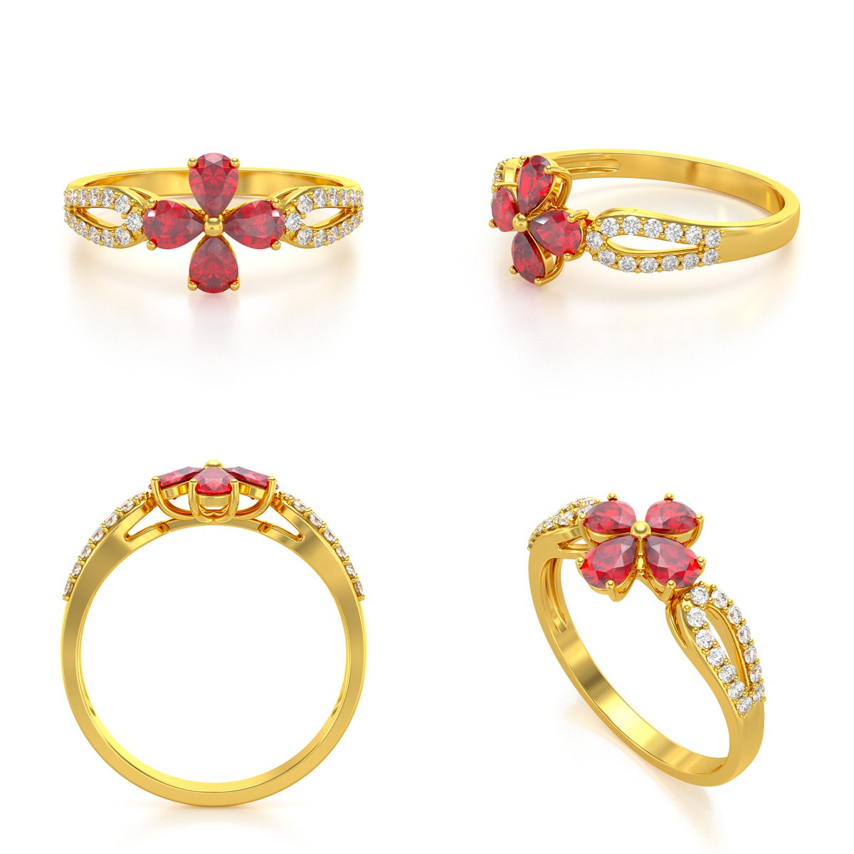Bague ADEN Or 585 Jaune Fleur Rubis et diamants 1.95grs