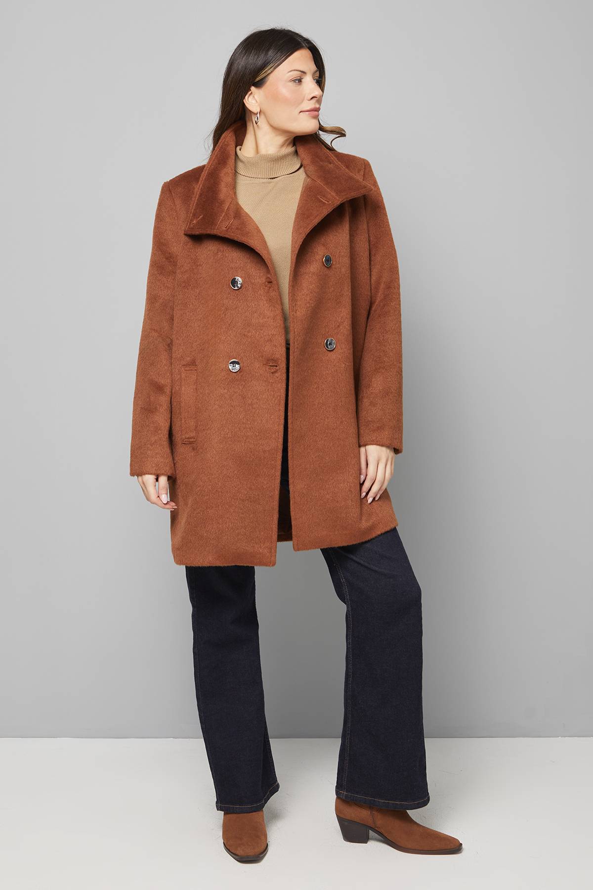 Wallis Manteau Court à Double Boutonnage avec Col Cheminée