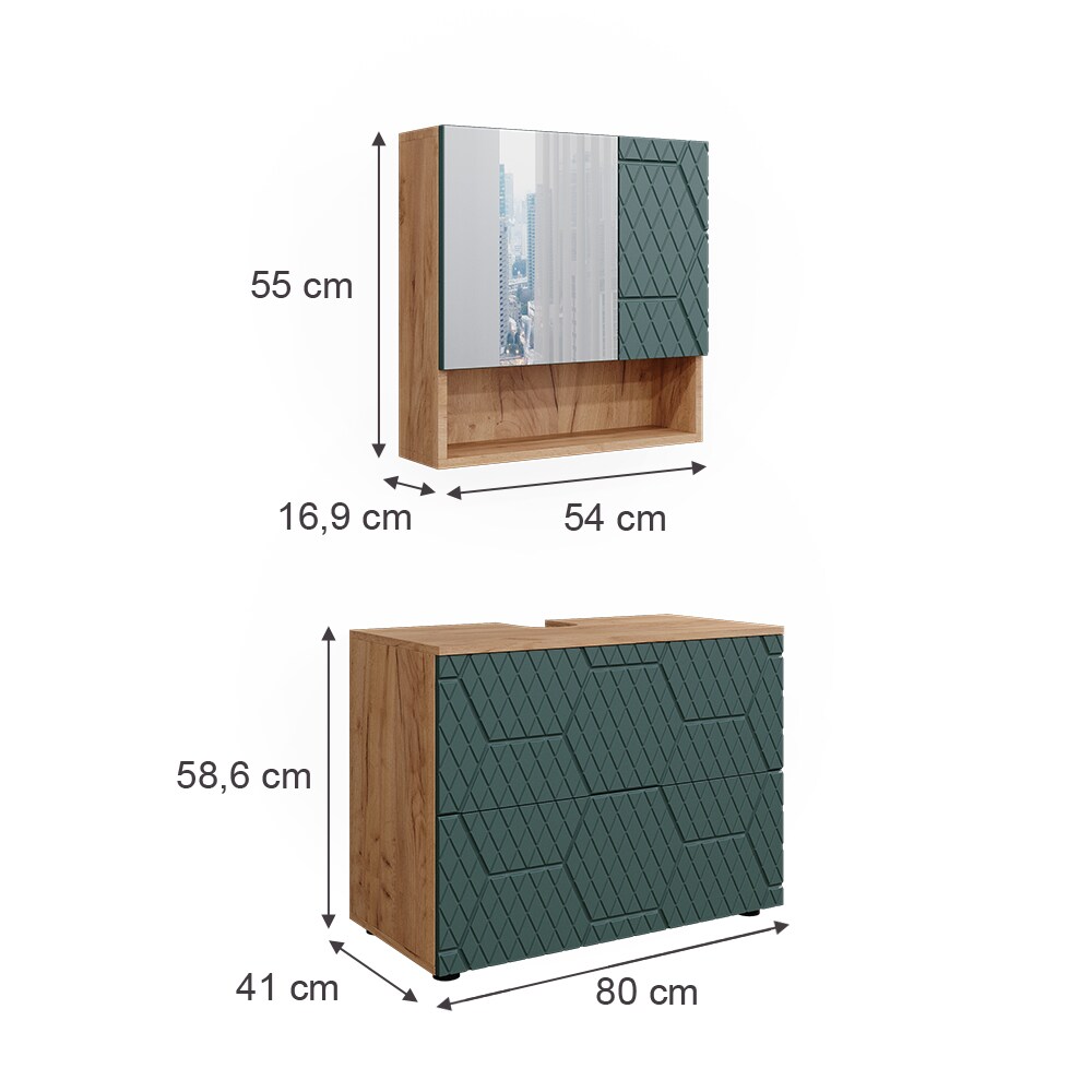 Vicco Badmöbel-Set Irma Eiche Grün 2-teilig Spiegelschrank Waschbeckenschrank 80 cm