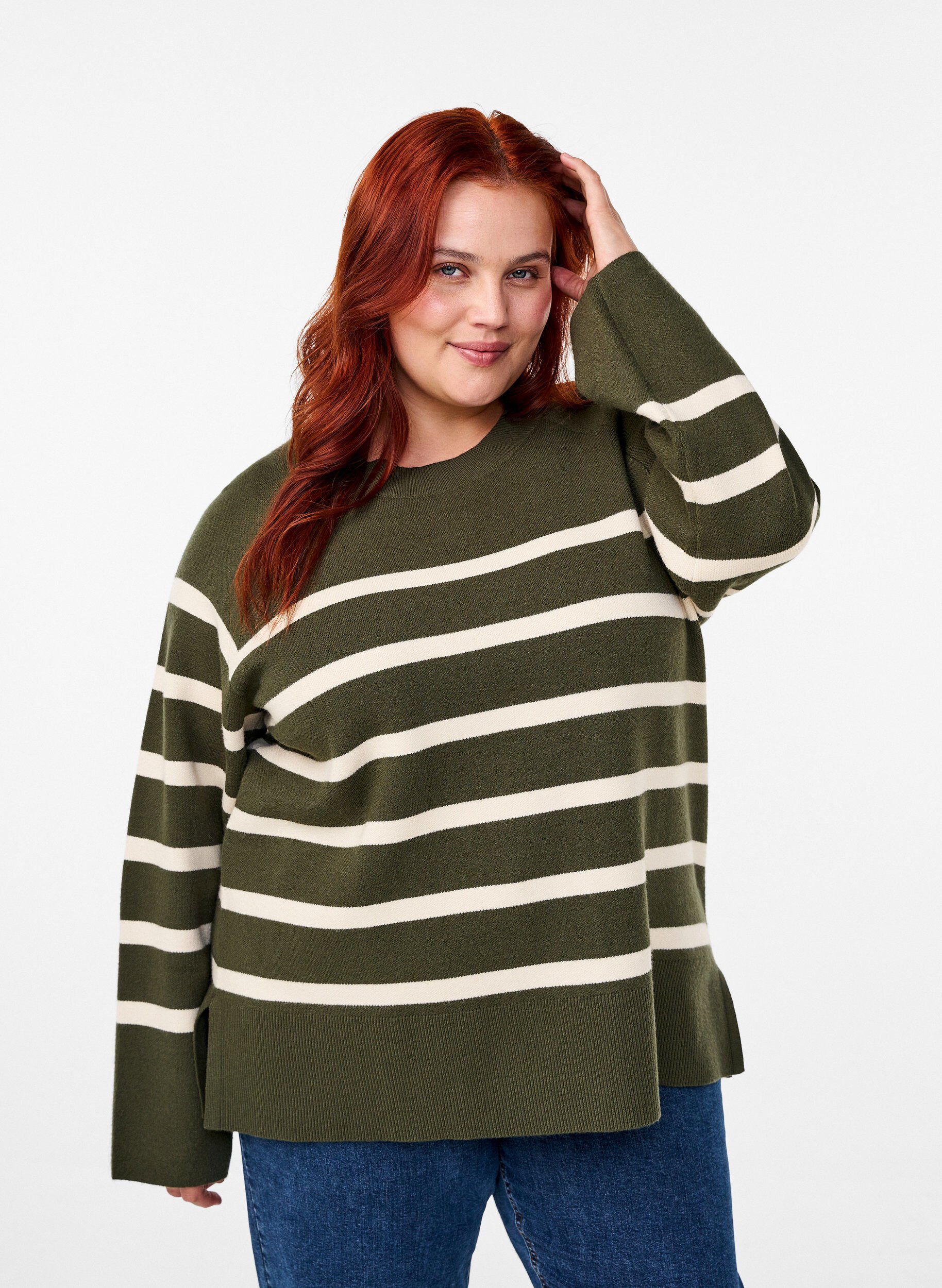 Stribet strikbluse med rund hals