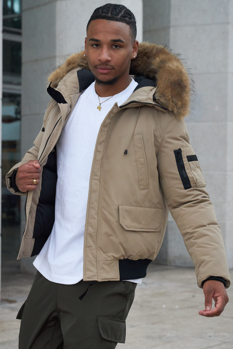 Parka bi-matière beige à capuche en fourrure