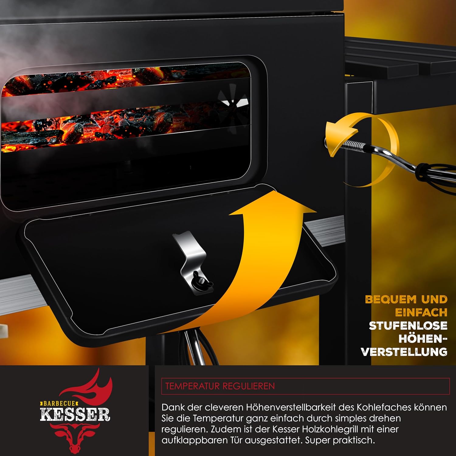 KESSER® Grill Grillwagen BBQ Smoker XL Holzkohlegrill mit Deckel, Rädern, Edelstahl-Griff, Grillrost und Thermometer, 8 Spieße mit Tasche & Silikon-Pinsel, Standgrill, Kohlegrillwagen