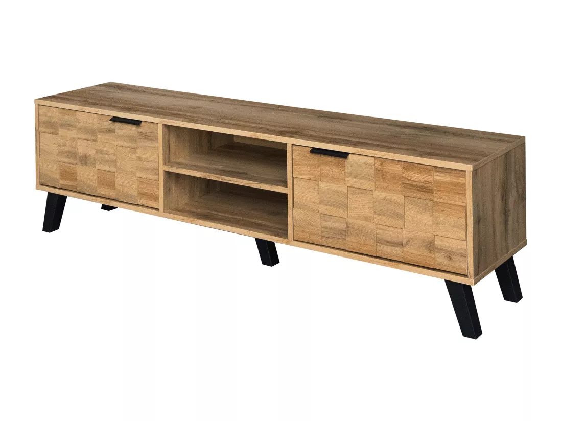 Meuble TV moderne effet bois avec 2 portes et 2 compartiments ouverts 160x35x45cm Dhaasti