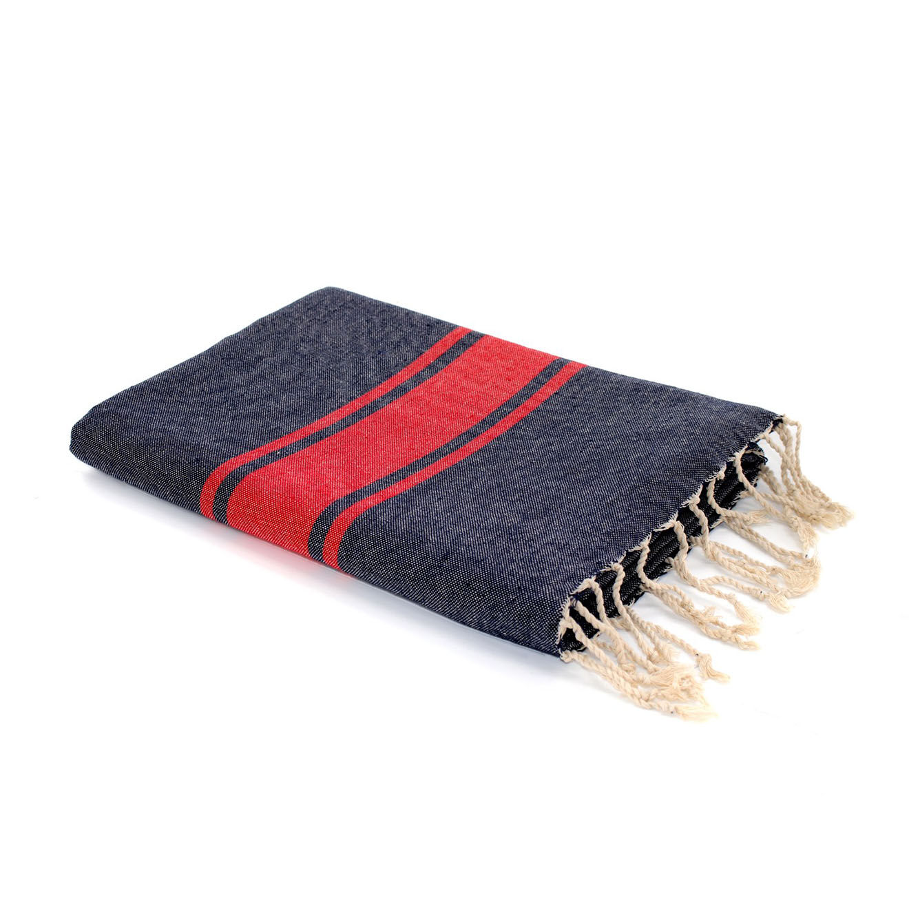 Febronie Fouta Traditionelle St Tropez bleu jean/rouge - 100x200 cm