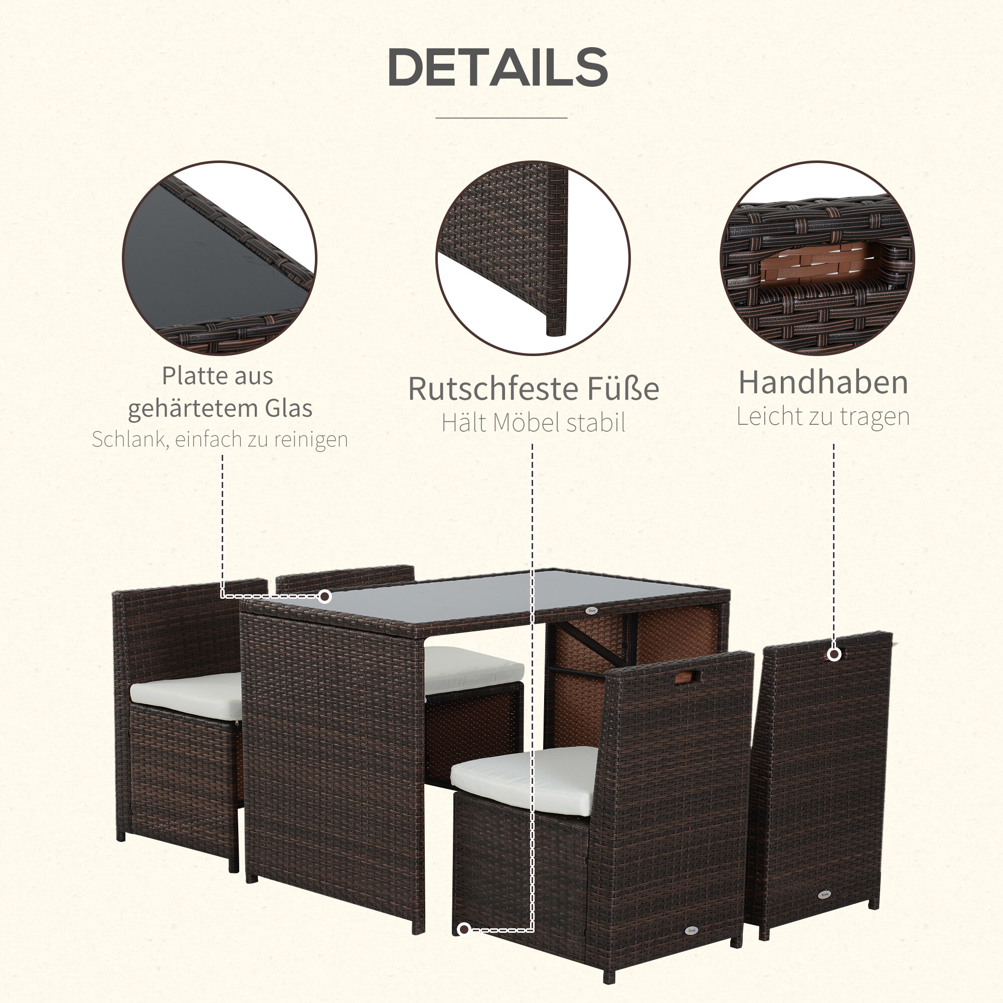 Outsunny Polyrattan Garnitur als 5-teiliges Set braun, cremeweiß 120 x 69 x 77,5 cm (LxBxH)