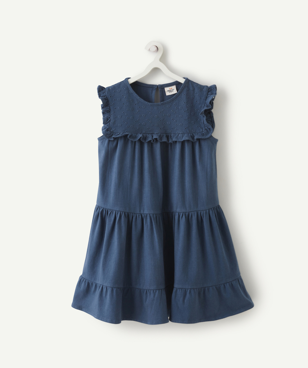 ROBE EN MAILLE FILLE EN COTON BLEUE AVEC VOLANTS ET BRODERIES