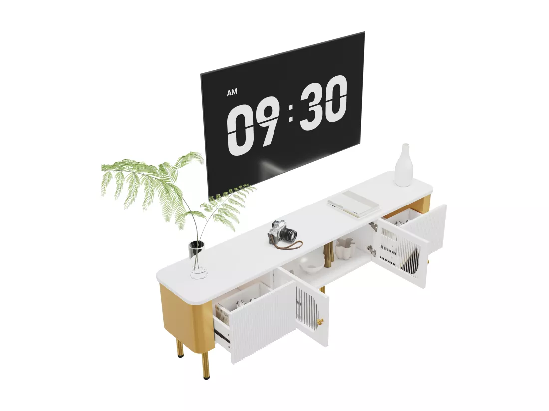 Meuble TV avec 2 portes et 2 tiroirs - 170 x 34 x 50 cm - Bois MDF - poignées et pieds dorés - Blanc