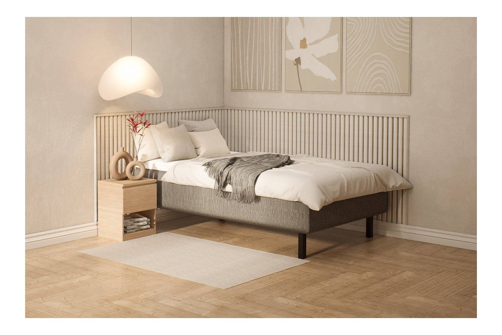 XOV Basic Rammeseng 120x200 cm I tekstil Sawanna, medium med basic overmadrass og Svart rektangulært ben. Sengegavl selges separat.