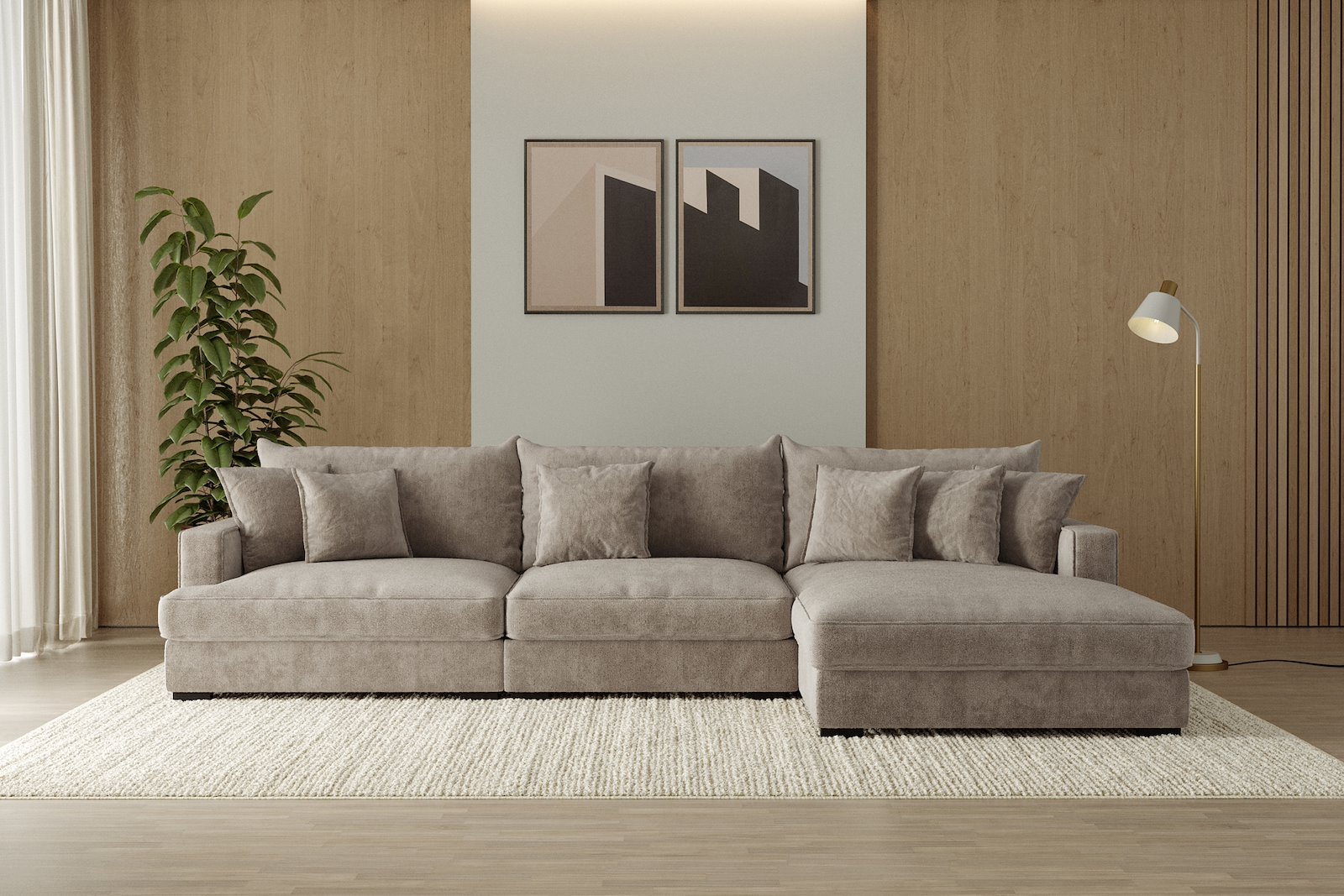 Rossi Lux 3-seter med sjeselong høyre Tekstil Genesis 4 Beige, arm A med sorte ben. Lux Komfort.