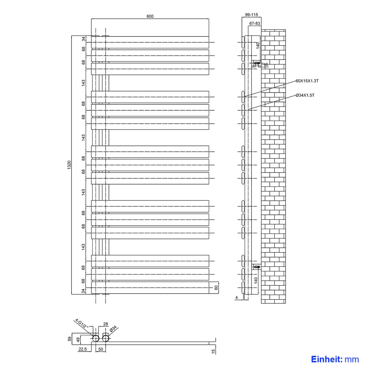 EMKE Flat Badkamerradiator 1320x600 mm Wit, Handdoekwarmer voor Badkamers, Handdoekdroger, Paneelhanddoekhouder met Zijwateraansluiting, 798W