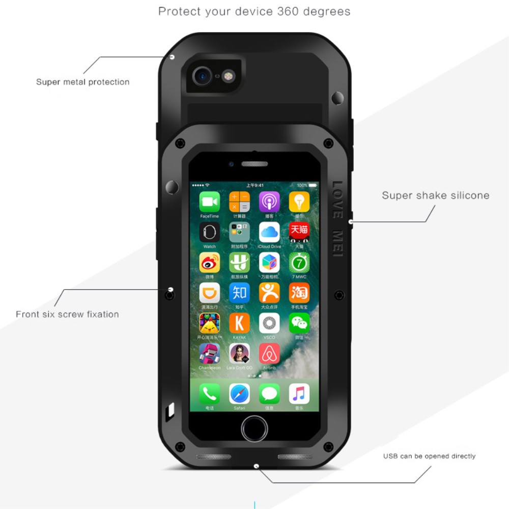 iPhone SE (2022/2020) / 8 / 7 Hybrid Silikon Metall Outdoor Case   Panzerfolie - Schwarz