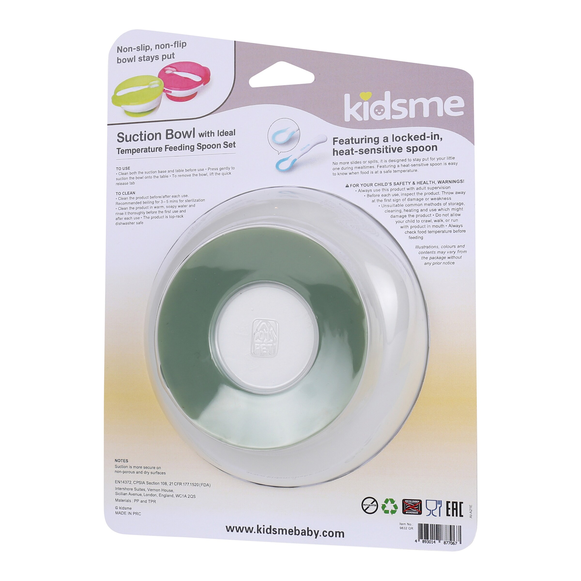 kidsme Breischale mit Saugfuß und Wärmesensorlöffel grün