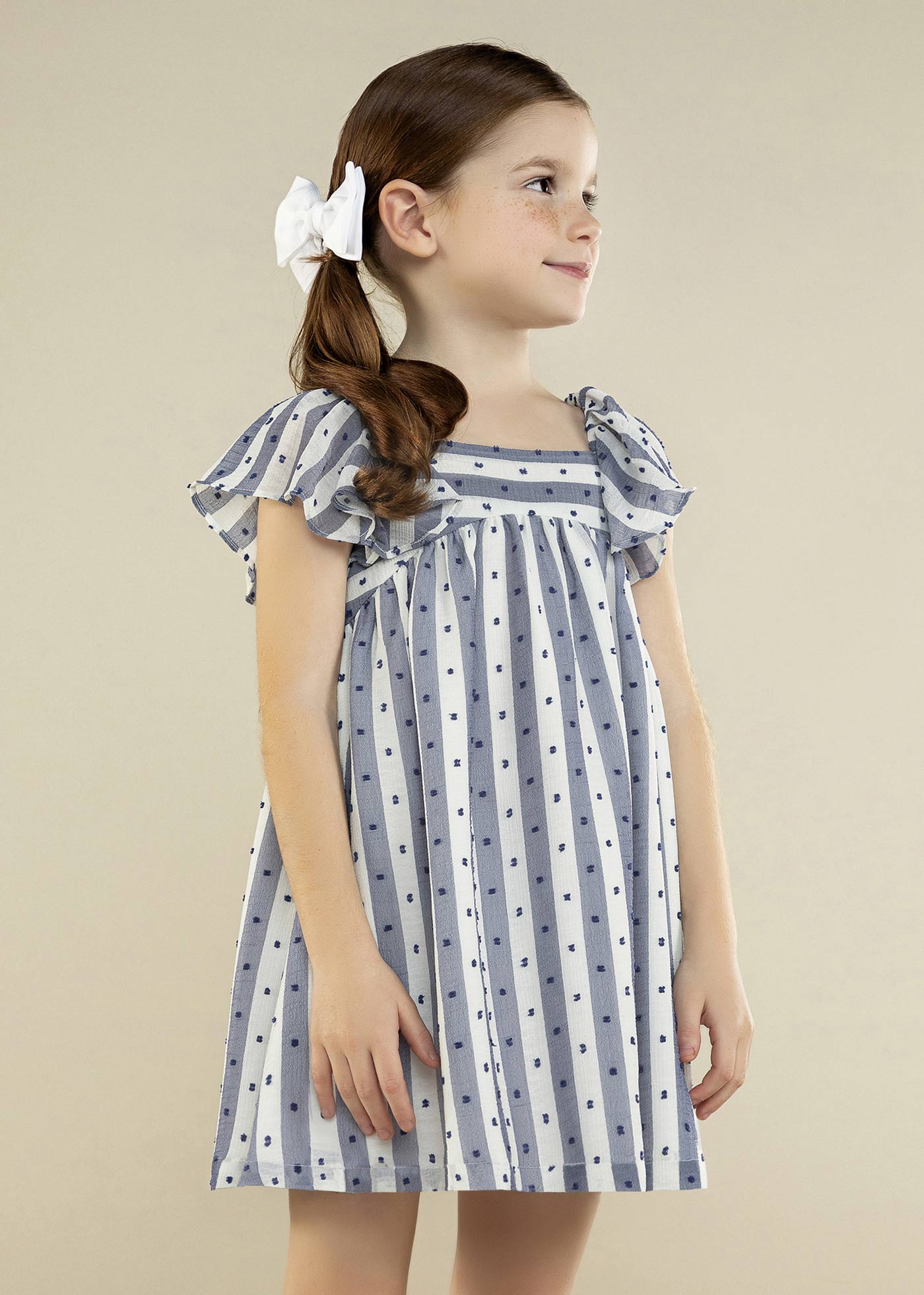 Vestido fluido com listras de bolinhas para meninas
