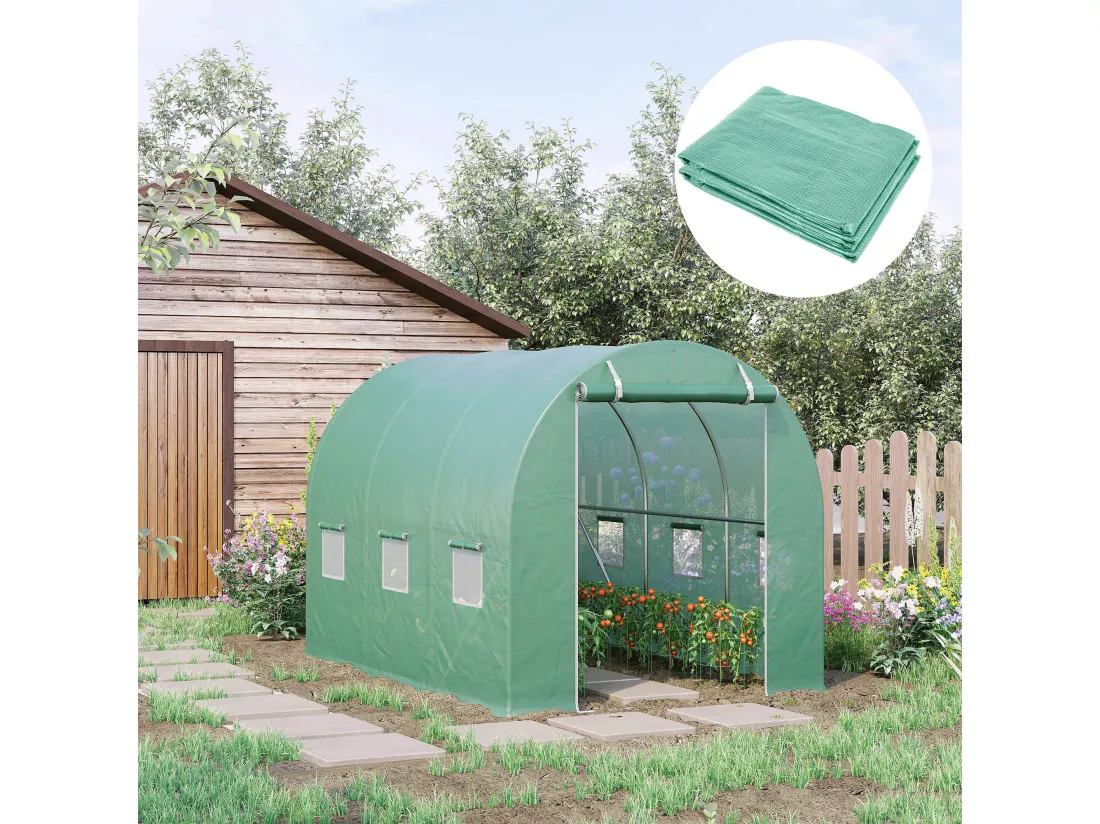Bâche de rechange serre tunnel 6 m², bâche dim. 3L x 2l x 2H m PE anti-UV imperméable 6 fenêtres + porte enroulable zippée vert