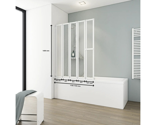 Badscherm, set van 5, SCHULTE Komfort, 115 x 140 cm, helder glas, profielkleur wit, D1315 04 01 140