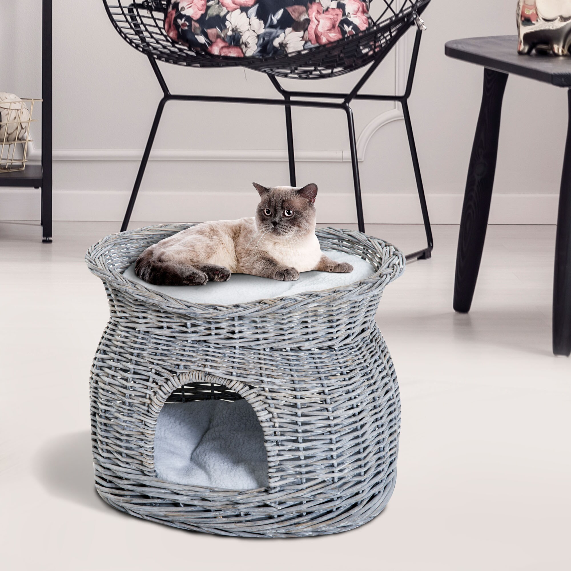 PawHut Katzenkorb mit 2 Kissen grau 56 x 37 x 40 cm (LxBxH)