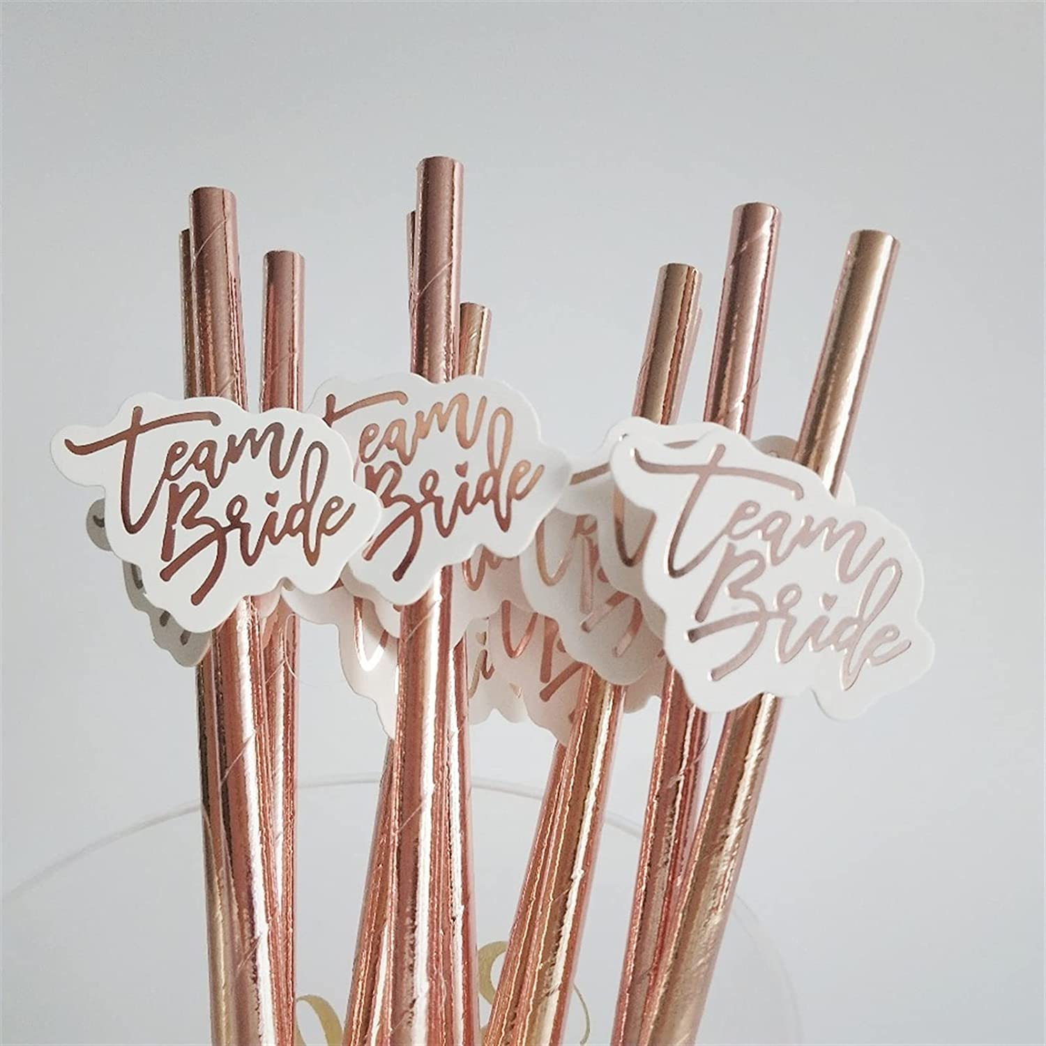 (20-tlg. Set) 20cm Junggesellinnenabschied Papier Strohhalm Team Bride Trinkhalm   Sticker - Roségold / Weiss