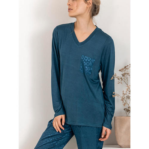 Admas - Pijama pantalón top manga larga Satin Leopard Azul