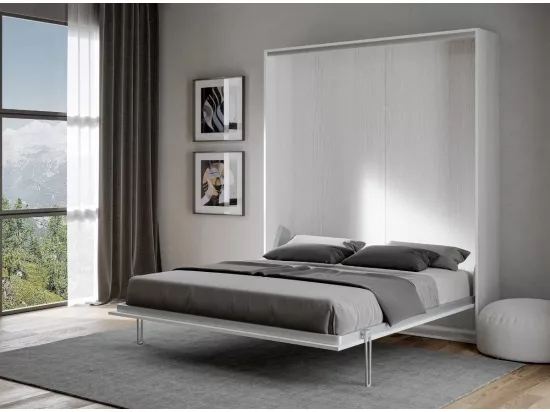 Lit escamotable vertical frêne blanc et porte beige kanto 160x190