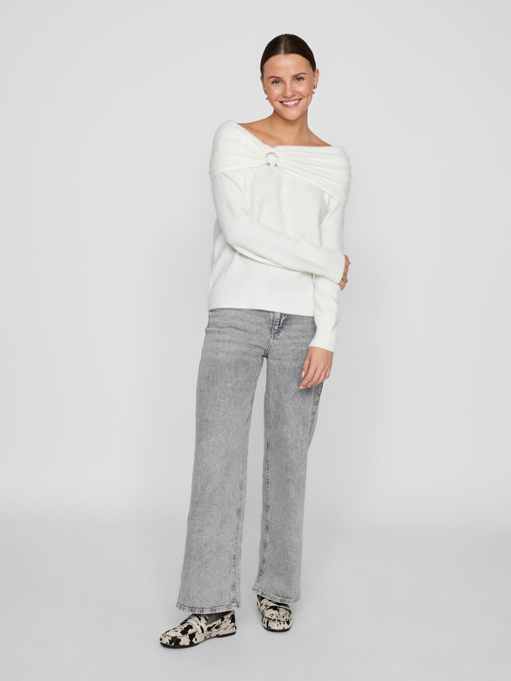 Vila  Vikenya L/S Off Shoulder striktrøje - Cloud Dancer