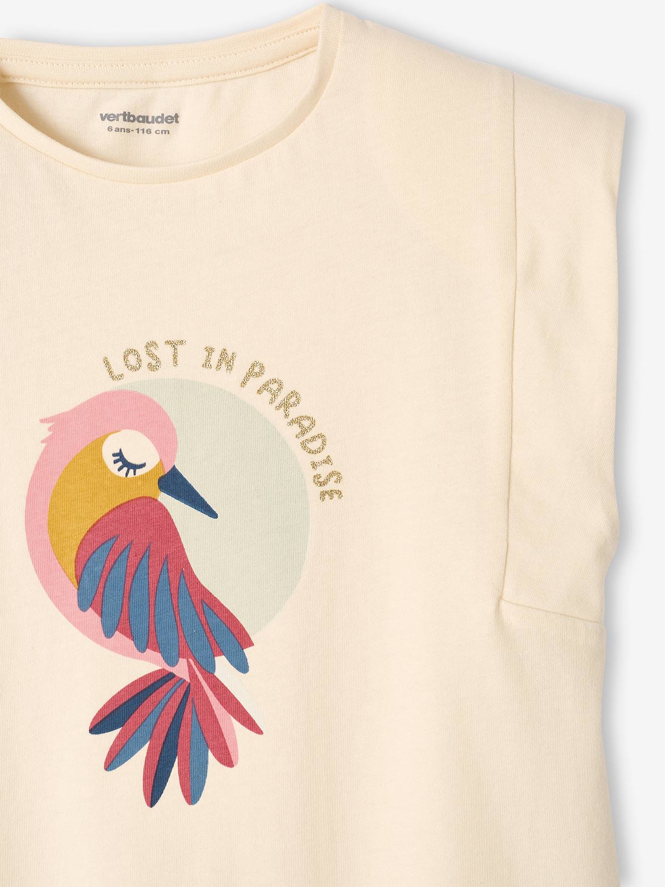 Camiseta off-white com estampa de ave-do-paraíso e mangas na altura dos ombros para meninas.