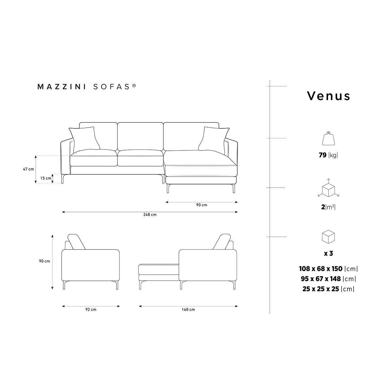 Mazzini Sofas Canapé d'angle Droit Velours Venus 4 Places gris - 248x160x90 cm