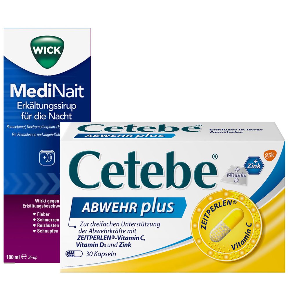 Erkältungsset WICK MediNait + Cetebe ABWEHR plus