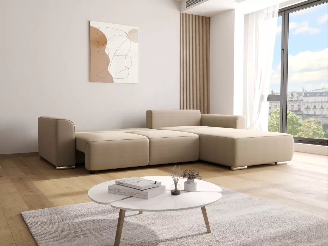 Canapé d'angle convertible et réversible en tissu beige MELTANA