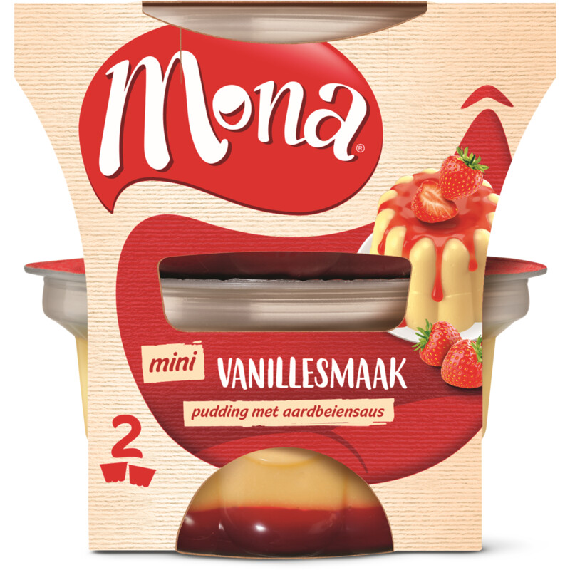 Mona Pudding vanille met aardbeiensaus duo