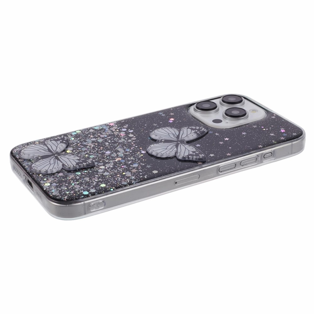 iPhone 16 Pro Hybrid Hardcase Schutzhülle im Glitzer Design Schmetterling - Schwarz / Transparent