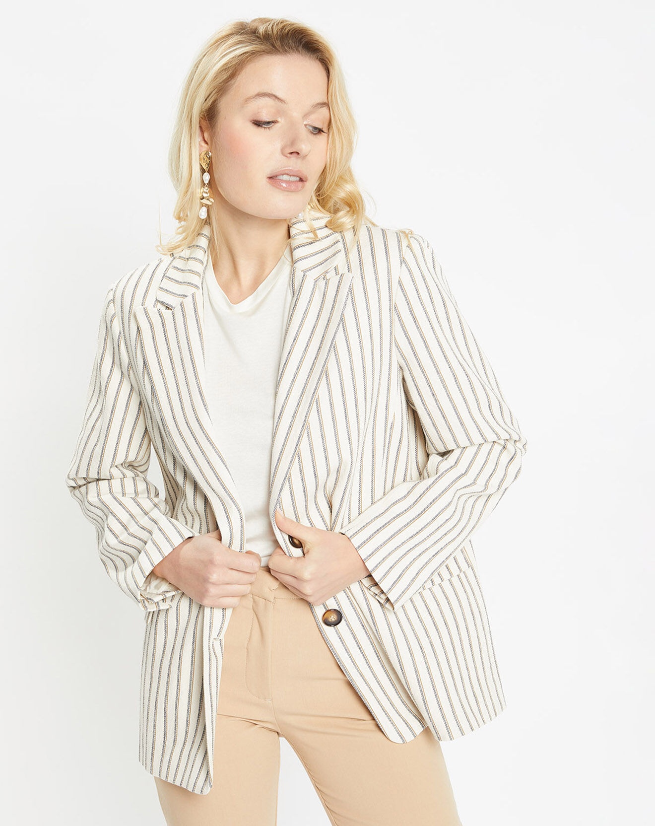 Jodhpur Veste blazer en Coton & Lin Alpha Fantaisie rayée écru/bleu