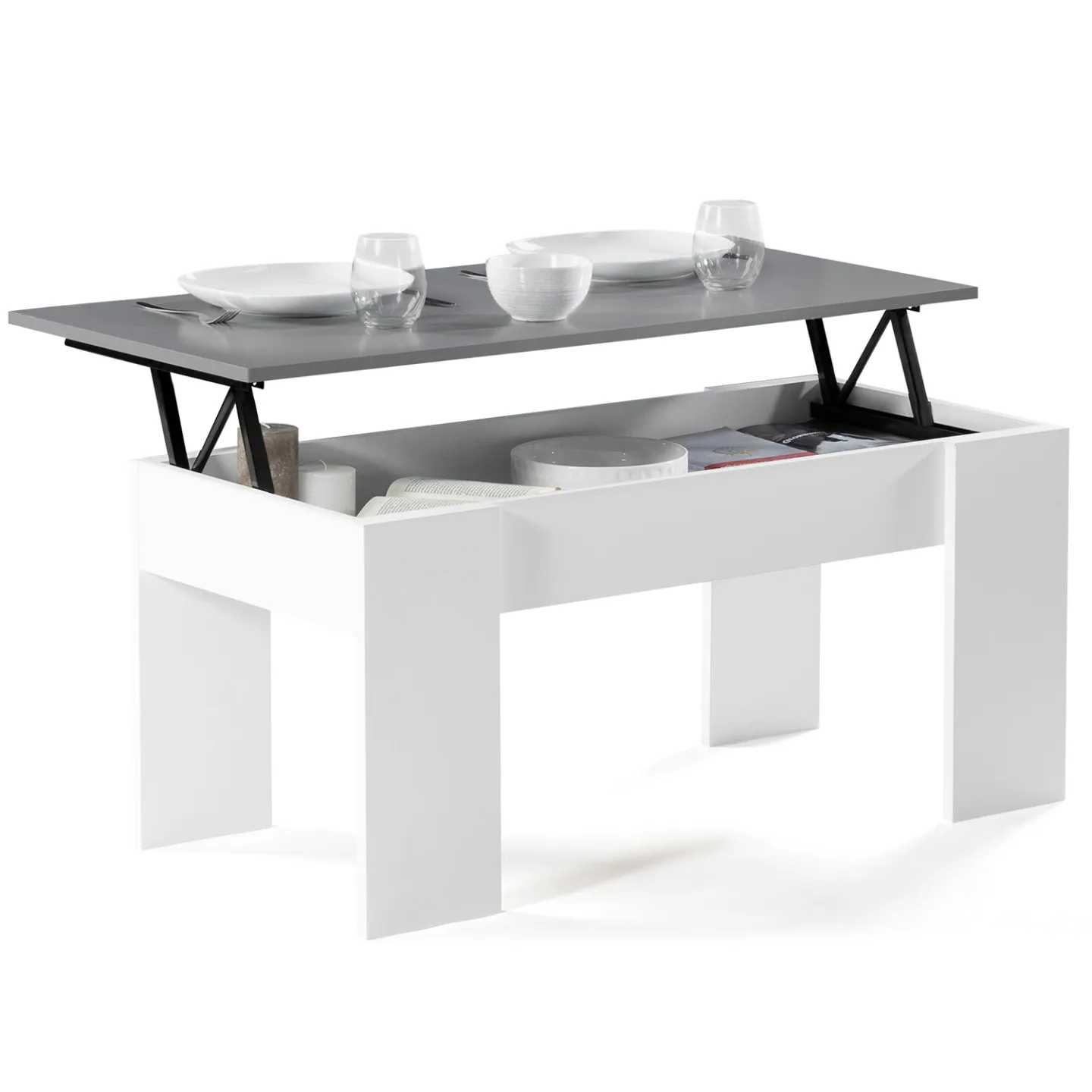 Table basse plateau relevable rectangulaire TARA bois blanc et gris