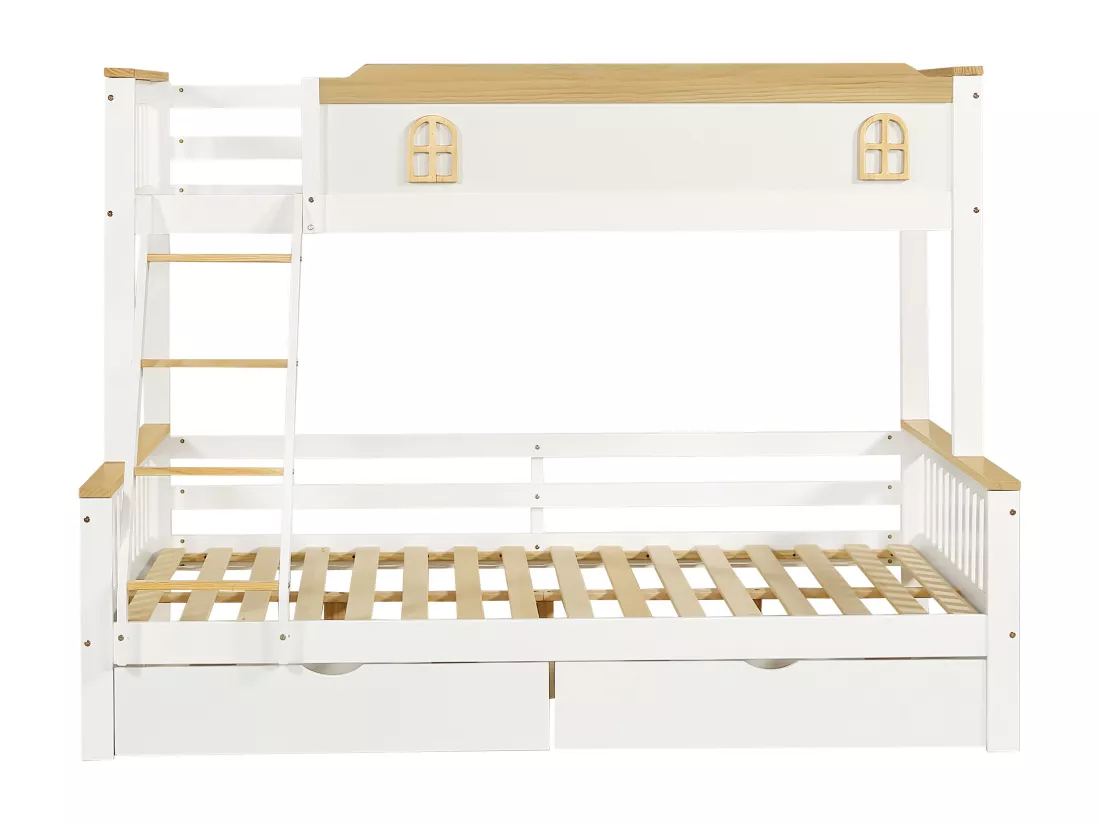 Lit superposé pour enfants 90x200cm & 140x200cm avec garde-corps, fenêtre, échelle inclinée et tiroirs, blanc + couleurs naturelles