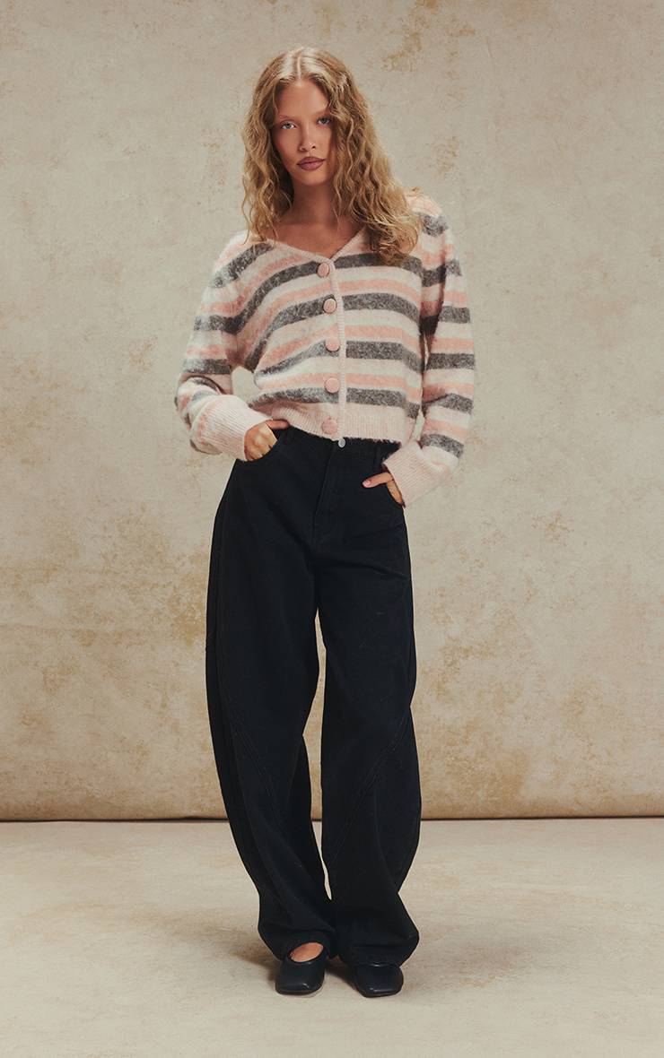 Rose Cardigan En Maille À Rayures Brossées Col V Et Boutons Recouverts