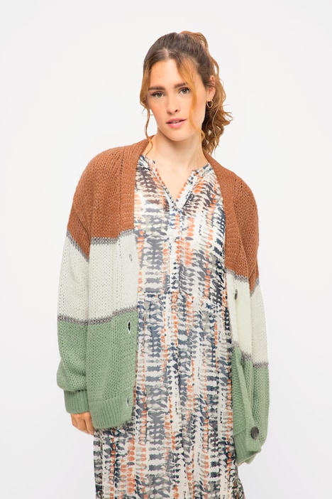 Strickjacke, Boxy Fit, Blockstreifen, V-Ausschnitt, Langarm