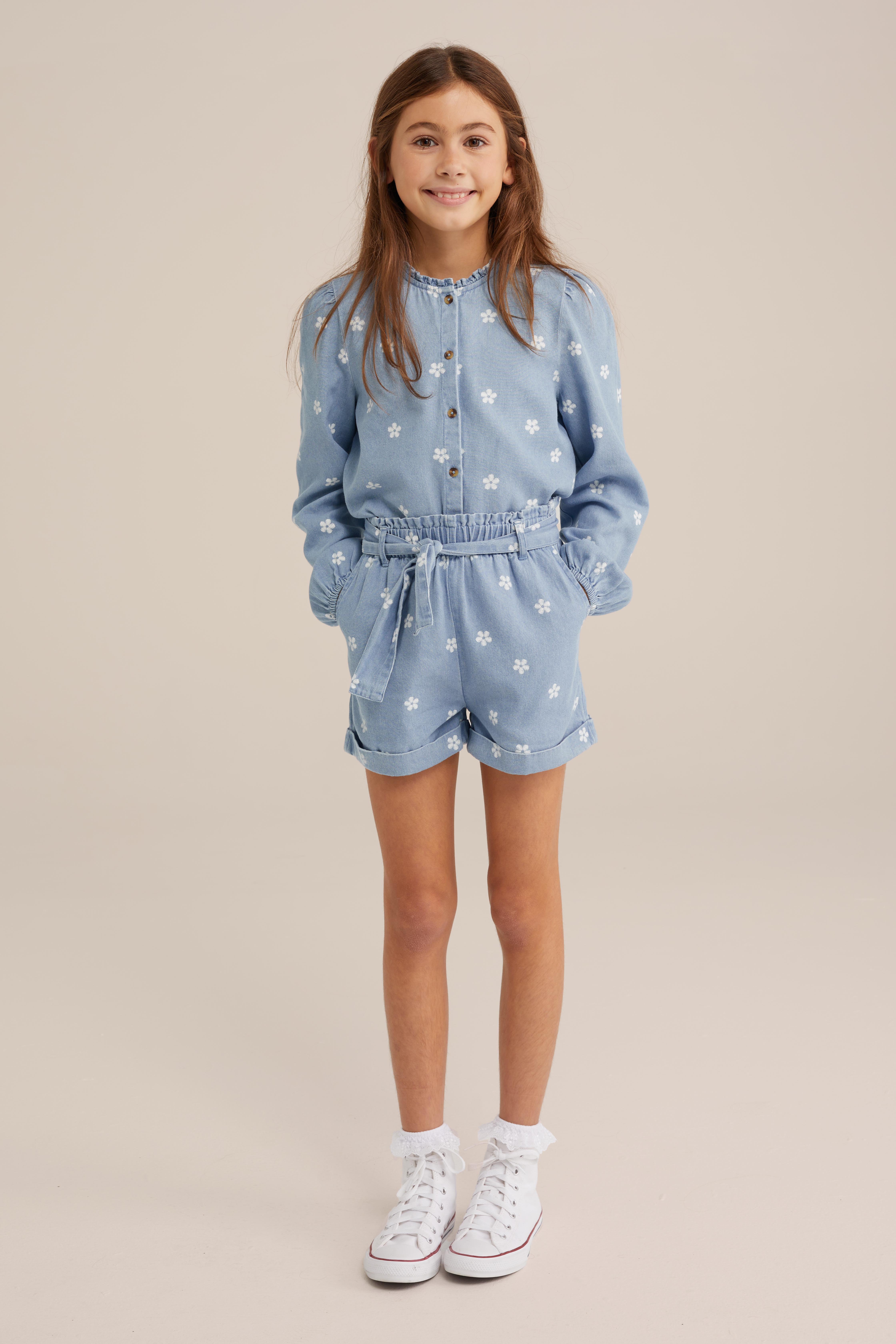 Meisjes denim blouse met dessin Blue Ridge Lichtblauw