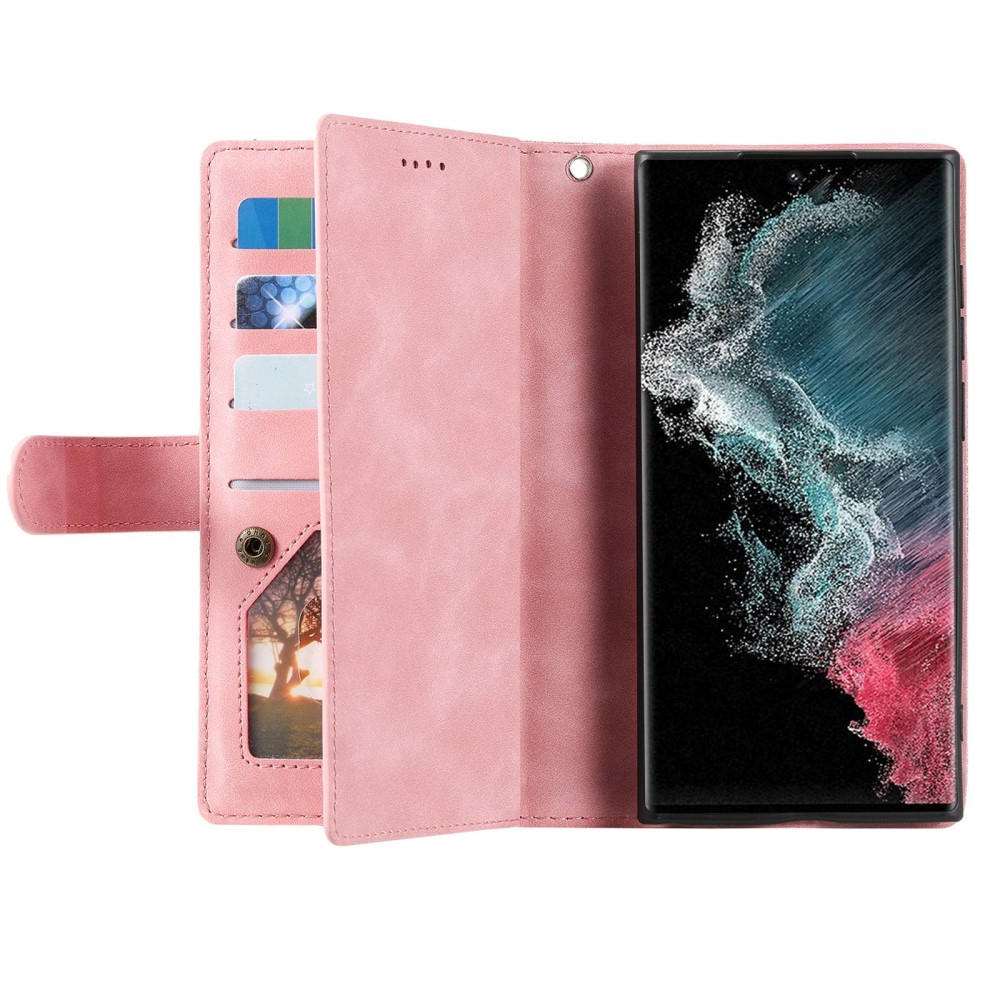 Samsung Galaxy S23 Ultra 5G Leder Tasche Flip Cover mit Reissverschluss - Rosa / Roségold