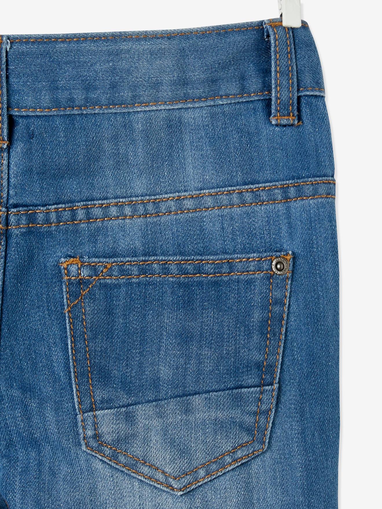 Calça jeans indestrutível de perna reta para meninos, modelagem morfológica para quadris largos, corte slim, lavagem azul escura