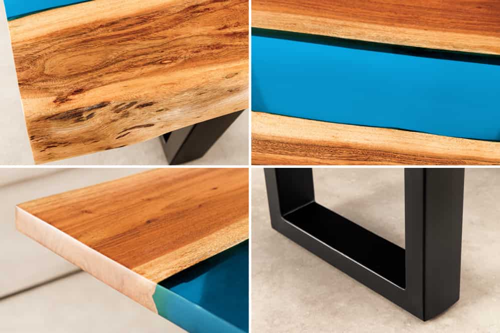 Massiver Couchtisch LIQUID 110cm braun Akazienholz Baumkante schwarz Eisen blau